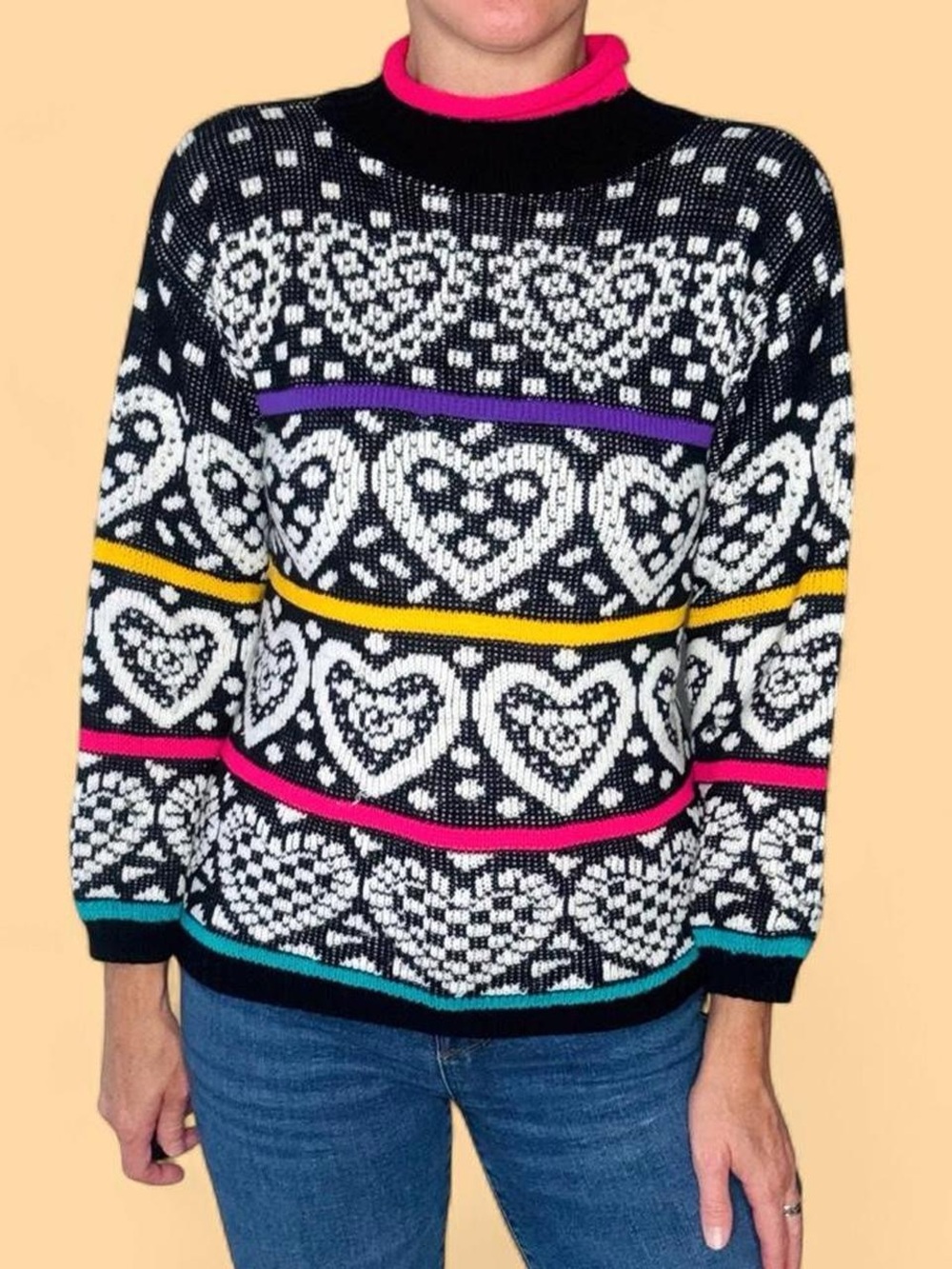 Vintage 90’s Jet Set Colorful Heart Valentine’s Day Crochet Mock Neck Sweater